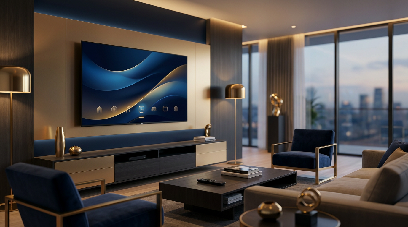 Salon moderne avec télévision 4K et streaming premium